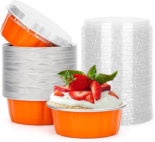 Beasea Disposable Ramekins for Baking, 8 oz 50 Pack Aluminum Foil Cups with Lids, Disposable Creme Brulee Muffin Cupcake Baking Cup Mini Pudding Cups for Party Wedding Birthday - Orange
