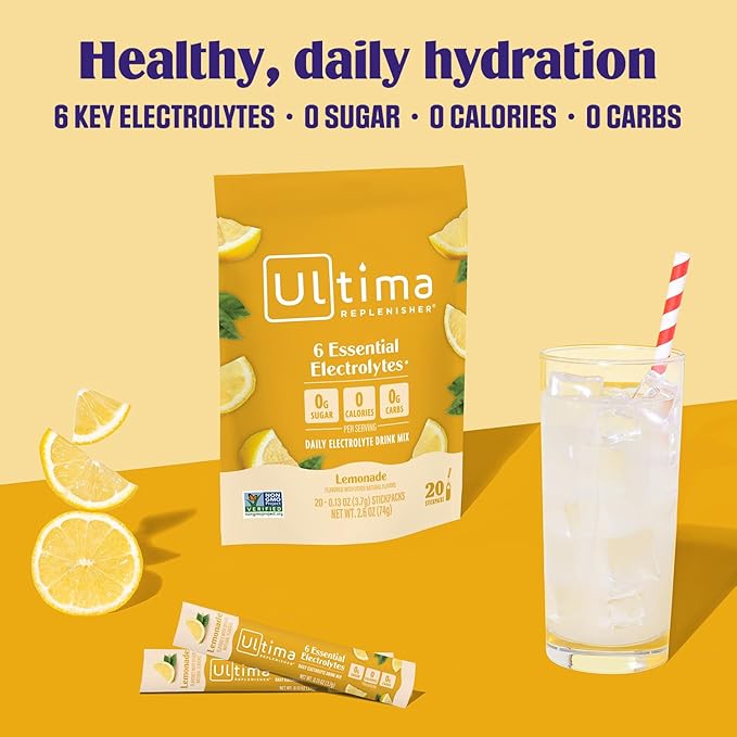 Ultima Replenisher Daily Electrolyte Powder Drink Mix ??Sugar Free ??Lemonade, 20 Stickpacks ??Hydration Packets with 6 Key Electrolytes and Trace Minerals ??Keto Friendly, Vegan, Non-GMO