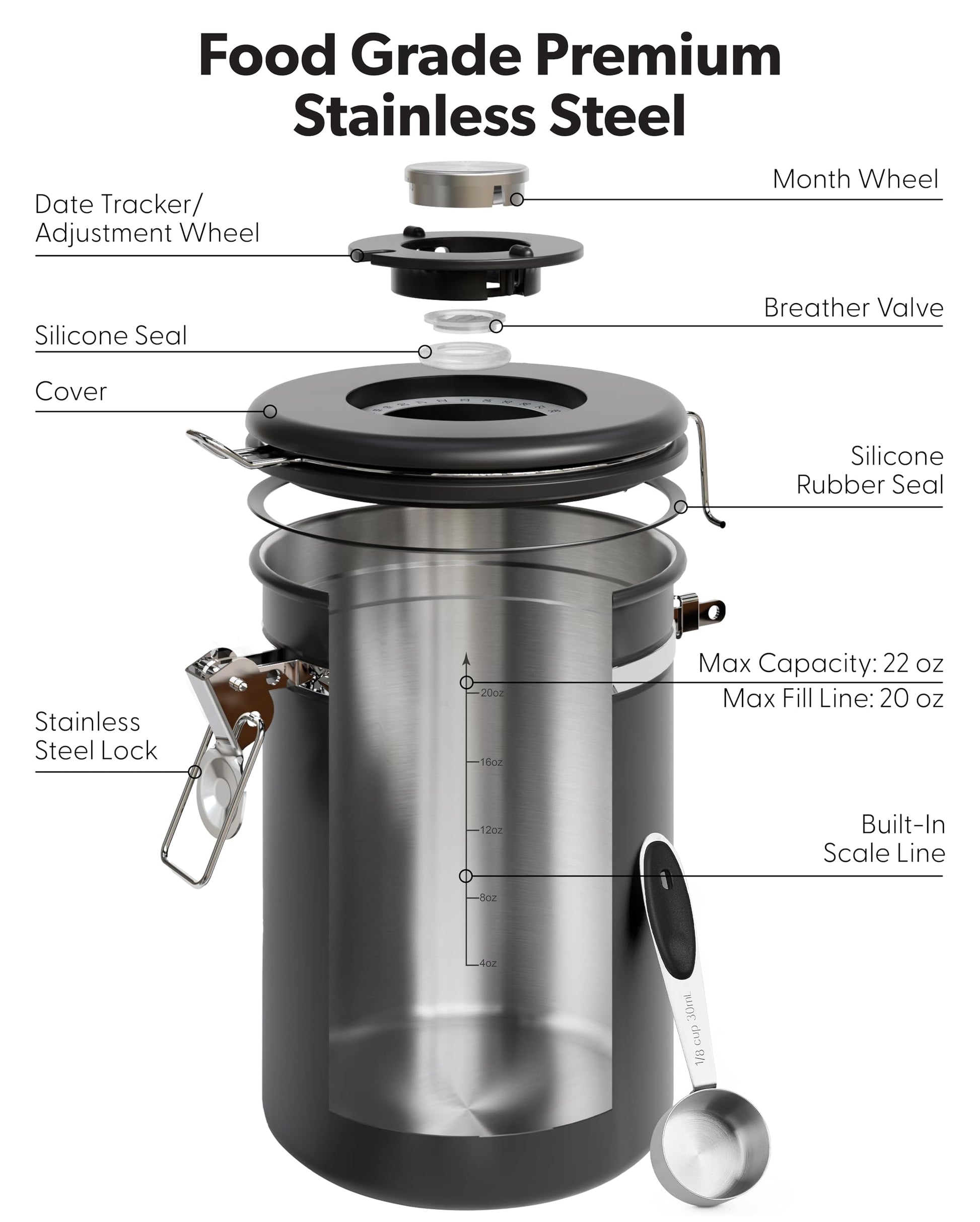 Veken Coffee Canister with Window, Airtight Stainless Steel Container, 22OZ