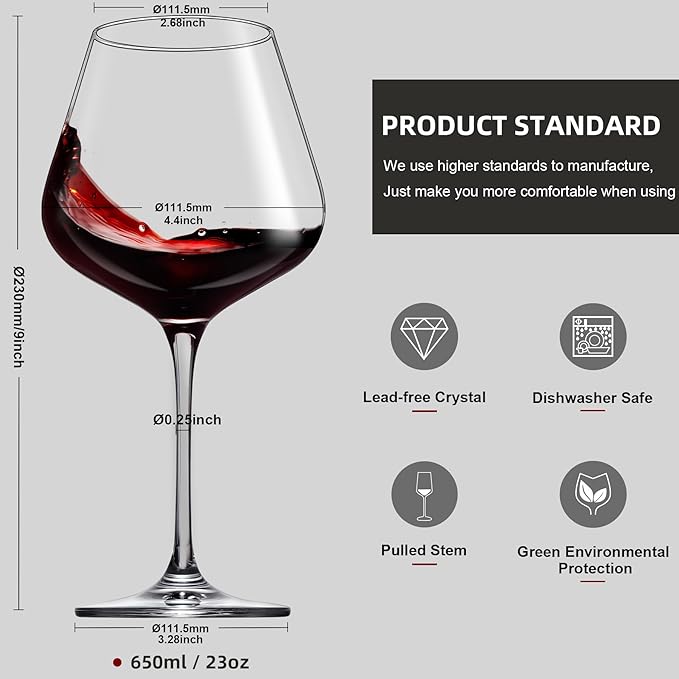 Red Wine Glasses Set of 4, Hand Blown Italian Style Crystal Burgundy Wine Glasses, Lead-Free Premium Clear Glass [23 oz/650ml，4 Pack ]