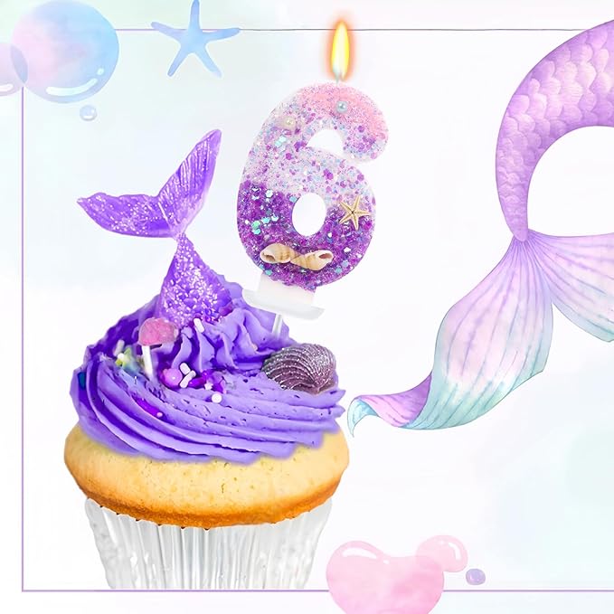 Purple Mermaid Party Number 6 Cake Candles, 2.76 inch Birthday Candle, Cake Topper Decoration for Birthday Party (Number 6)
