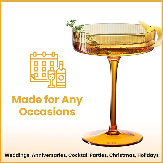 Khen Ribbed Vintage Art Deco Coupe Glasses - Martini, Champagne & Cocktail Ribbed Glasses 8oz | Cute Crystal Glassware Sets - Goblet Stemmed Ripple Glassware, Housewarming Glass Gifts, Amber, 2 Pieces
