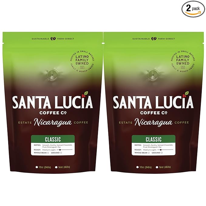 Santa Lucia Coffee - Grand Reserve Classic Medium Roast Nicaraguan Coffee - Medium Roast - 91 Point Specialty Grade - Low Acididity - Bright & Smooth - Strong & Bold Flavor - Whole Bean - 16oz. (Pack of 2)