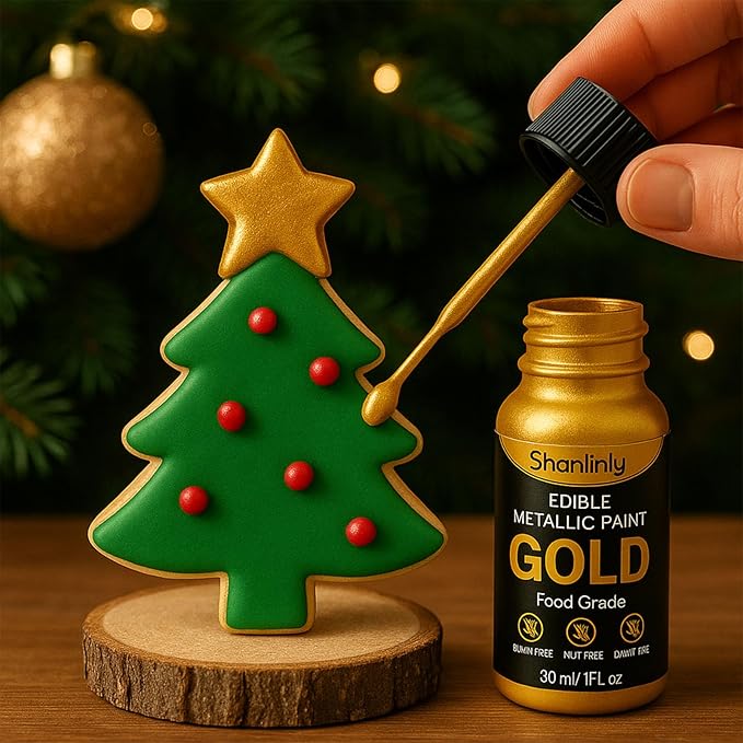 Shanlinly Gold Edible Luster Dust - 30ml Liquid Edible Cake Paint Gold Metallic Food Coloring, Perfect for Art Decorative Shimmer Cake Decorating, Cookies,Cupcakes,Cocktails,Wedding,Birthday