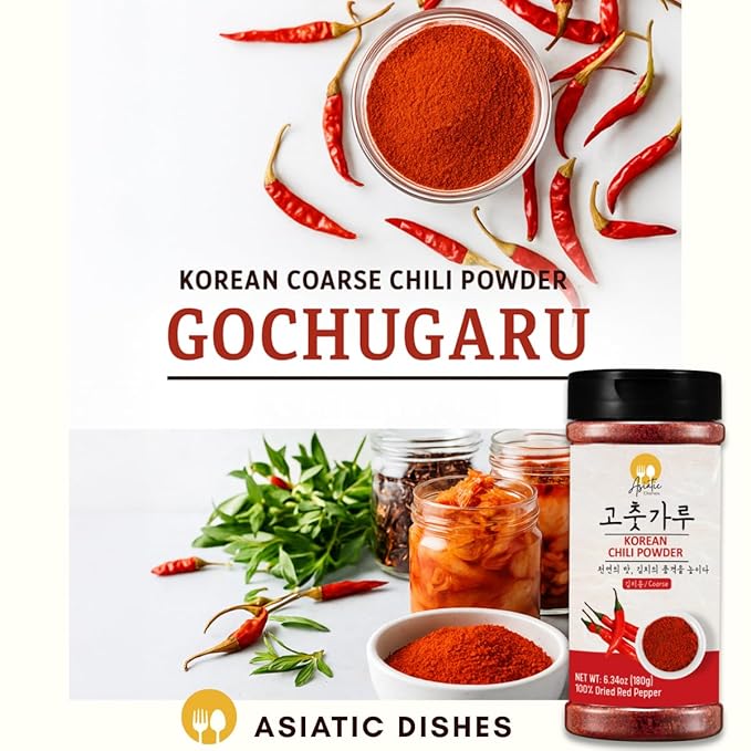 Asiatic Dishes Gochugaru Korean Red Pepper Flakes ??6.34oz Bottle of Sun-Dried Chili Powder for Kimchi, Soups, Stews, and Versatile Cooking