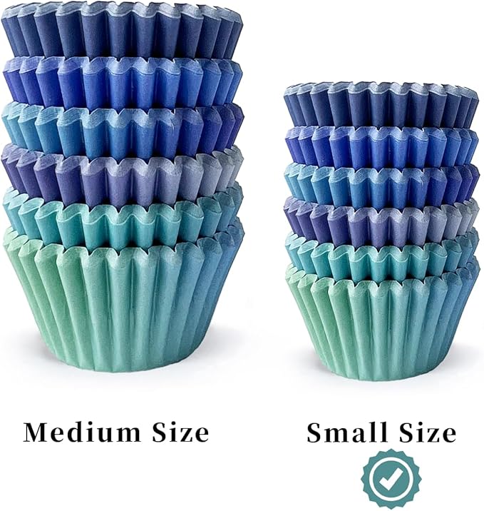 qiqee 300PCS Mini Gradient Cupcake Liners Cupcake Cups 6 Designs Blue Gradient Cupcake Papers Baking Cups Cupcake Wrappers (Small Size)
