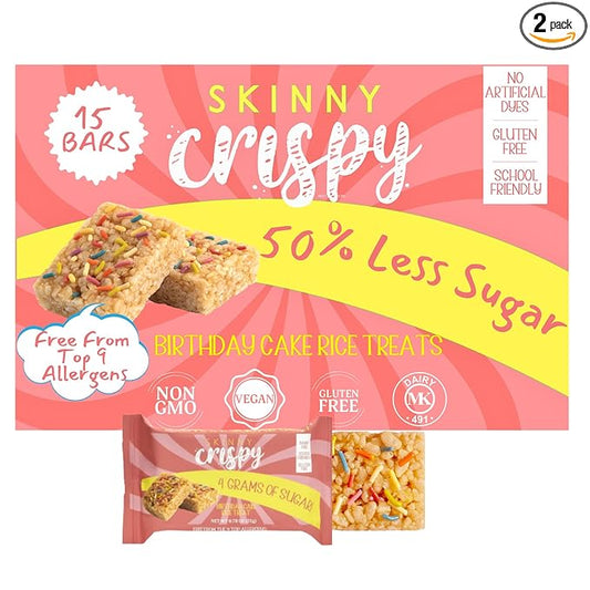 Skinny Crispy Birthday Cake Rice Treats ??Low Sugar (4g), Vegan, Gluten-Free, Dairy-Free, Non-GMO, Top 9 Allergen-Free, Healthy Snack Bars, 15 Count