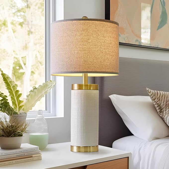 24.5" Modern Ceramic White Single Bedside Lamp for Bedroom Decor Farmhouse Table Lamp for Living Room Office Dorm