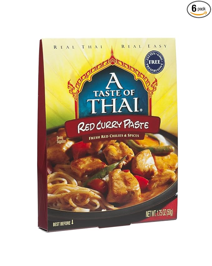 A Taste of Thai Red Curry Paste - 1.75 oz Pack of 6 Ready-to-Use Mix | Flavored with Classic Thai Spices | Use as Rub Marinade Dipping Sauce & More | Non-GMO | Gluten-Free | No Preservatives