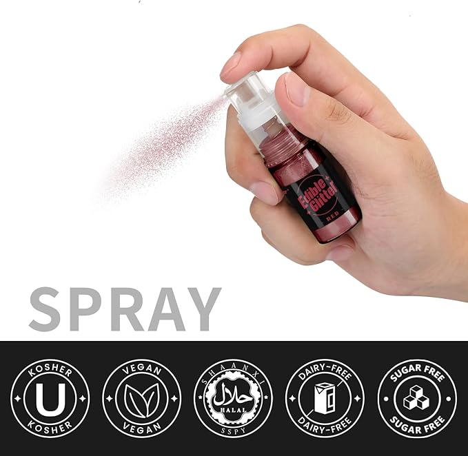 Sujoygar Edible Glitter Spray 2 Colors, Red and White Edible Glitter for Cocktails, Shimmer Powder Luster Dust Edible for Cake Drink Strawberrie Cupcake Cookies Christmas Baking Decoretion, Vegan(5g/Bottle)