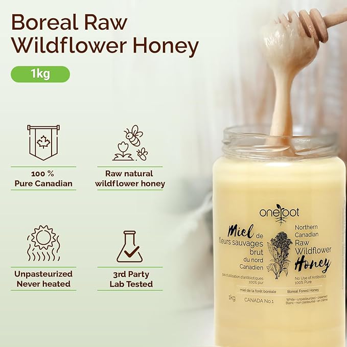 Oneroot 100% Canadian Flower Honey - 1kg / 2.2lbs, Honey Wildflower Unfiltered, Unheated & Creamed, Nutrient Rich Raw Wildflower With Enzymes, Thick Natural Sweetener