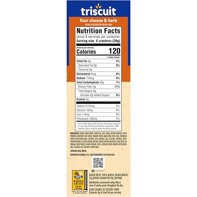 Triscuit Four Cheese & Herb Whole Grain Wheat Crackers, Lunch Snacks, Bulk Snack Crackers, 6 - 8.5 oz Boxes