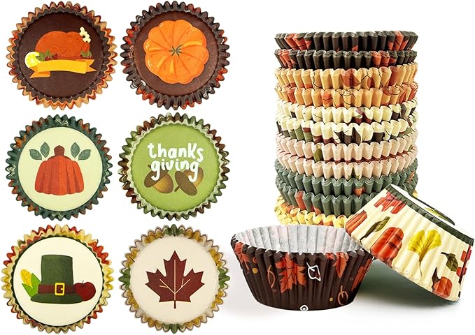 qiqee Thanksgiving Jumbo Cupcake Liners 300PCS Cupcake Liners Cupcake Cups 6 Designs Thanksgiving Hat Cupcake Papers Baking Cups Cupcake Wrappers (Large Size)