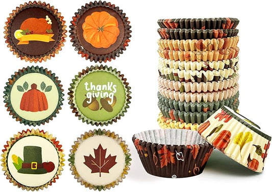 qiqee Thanksgiving Jumbo Cupcake Liners 300PCS Cupcake Liners Cupcake Cups 6 Designs Thanksgiving Hat Cupcake Papers Baking Cups Cupcake Wrappers (Large Size)