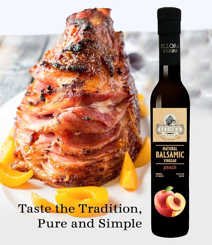 Ellora Farms, Peach fruit Infused Greek Balsamic Vinegar, thick and creamy, no-added sugars, no-preservatives, 8.45 oz. bottle, Pack of 1
