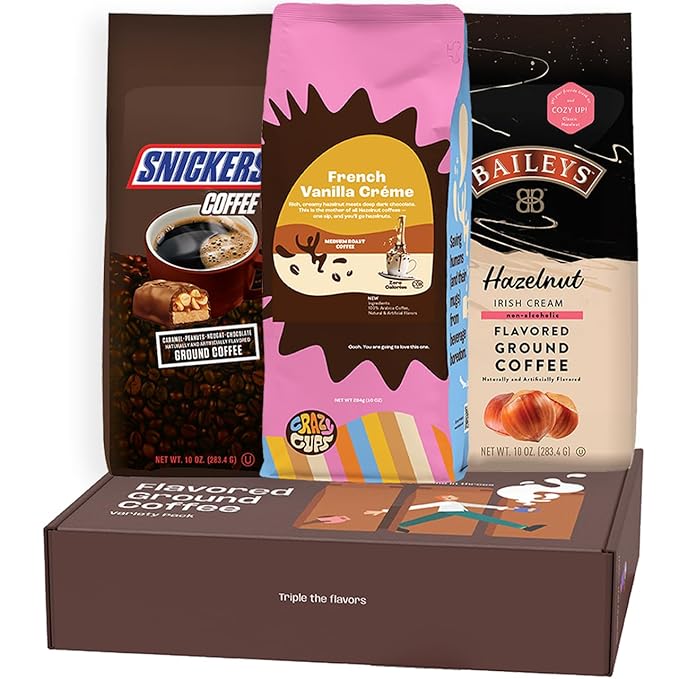 Perfect Samplers Flavored Ground Coffee Gift Box Variety Pack, Snickers, Baileys Hazelnut, French Vanilla, Medium Roast Ground Coffee Sampler, 3 Pack