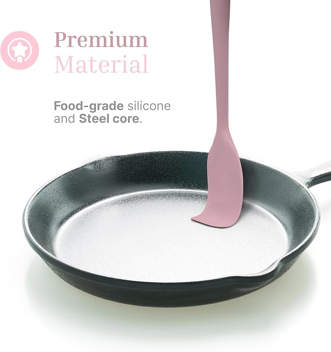 Silicone Utensils 4-Piece Set ??Rubber Spatula, Pastry Brush, Slotted Turner, and Rice Paddle ??Complete Heat-Resistant Set for Non-Stick Cookware ??Kitchen Tools for Cooking and Baking ??Pastel Pink