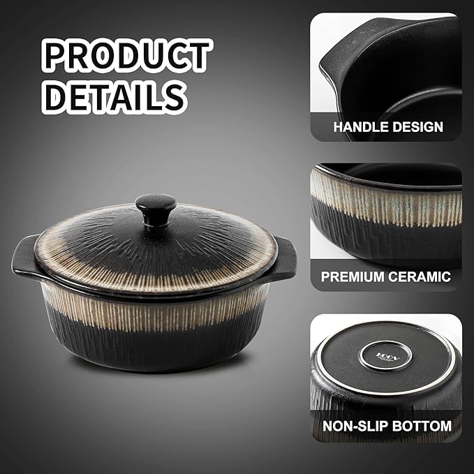 KOOV Ceramic Casserole Dish with Lid Oven Safe, 2 Quart Casserole Dishes, Covered Round Casseroles Dishes, 9 inch Baking dish With Lid, Deep Casseroles Cookware Set, Stripe Series (Rough Black)
