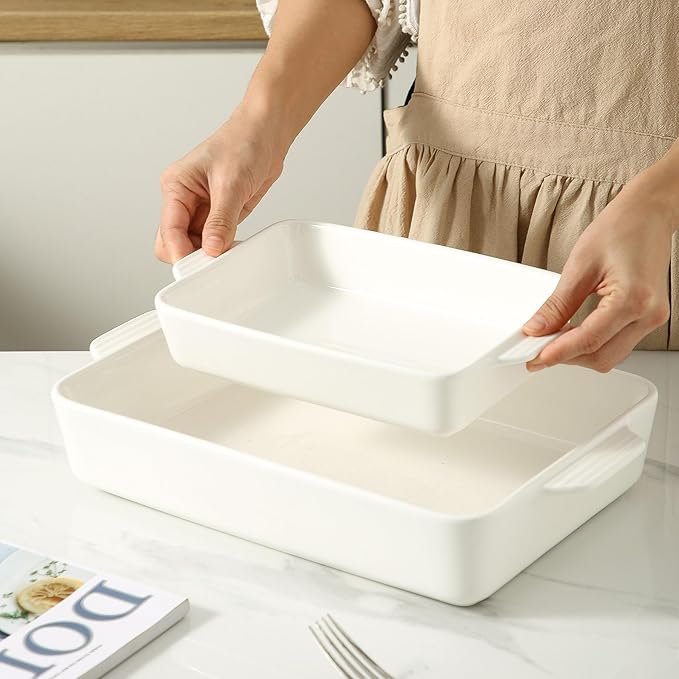 Ceramic Baking Casserole Dish with Handles, Large 9x13 inch Pan and Middle Baking Pan - Porcelain Serving Bakeware Set (White)