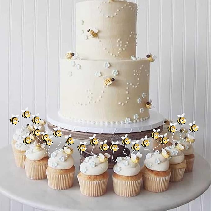 30 PCS Bumble Bee Cupcake Toppers Resin Little Figurine Bee Cupcake Picks Oh Babee Cake Decorations for Bee Theme Baby Shower Kids Boys Girls Birthday Party Decoration Supplies Black