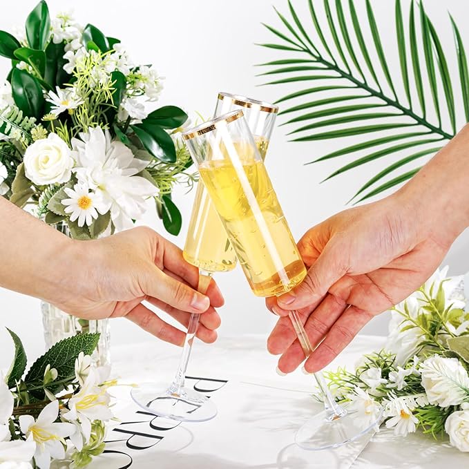 Ciaell 24 Pack Plastic Champagne Flutes - 6Oz Gold Rim Disposable Champagne Glasses - Square Clear Plastic Toasting Glasses for Party Birthday Anniversary Wedding Thanksgiving