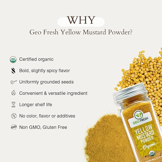 Geo-Fresh Organic Yellow Mustard Powder 1.76 oz - Dry Mustard Powder for Cooking - Ground Yellow Mustard Seed - Stone Ground Mustard - USDA Certified Organic, Non-GMO, Gluten-Free