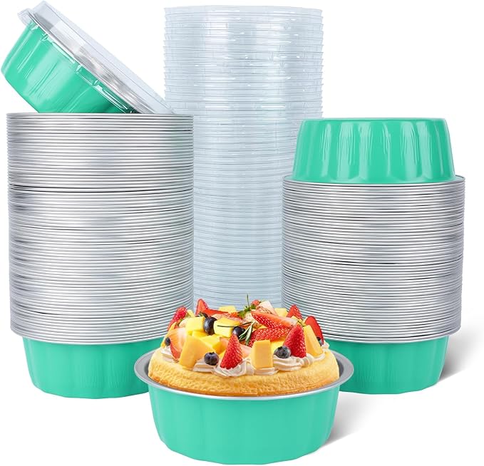 Beasea Ramekins Baking Cups with Lids, 120 Pack 8 oz 4 Inch Disposable Mini Elegant Blue Foil Creme Brulee Aluminum Baking Cups Small Round Cupcake Tart Pie Tins Pans Individual Containers Oven Safe
