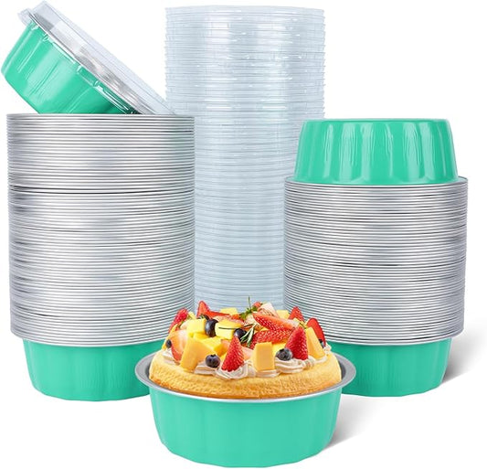 Beasea Ramekins Baking Cups with Lids, 120 Pack 8 oz 4 Inch Disposable Mini Elegant Blue Foil Creme Brulee Aluminum Baking Cups Small Round Cupcake Tart Pie Tins Pans Individual Containers Oven Safe