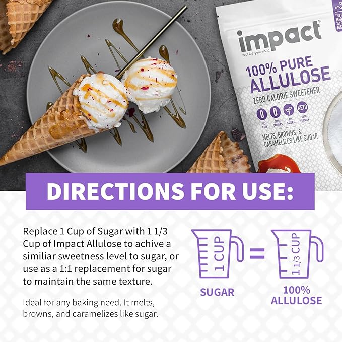 Impact - Pure Allulose Sweetener Sugar Substitute - Zero Calorie Blend, Low-Carb, For Coffee, Tea, Baking, Guilt-Free Indulgence - 1lb