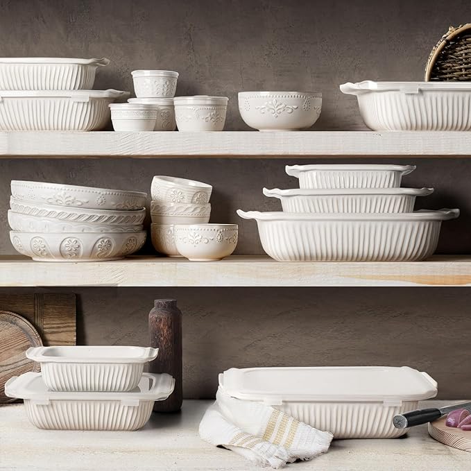 Artena Casserole Dishes For Oven, Ceramic Baking Dish, Large Lasagna Pan With Handles, Baking Pan Casserole Dish, Rectangular Bakeware Deep, White, Set Of 3 (5.1Qt/2.3Qt/1.1Qt) (Baking Dish With Rack)