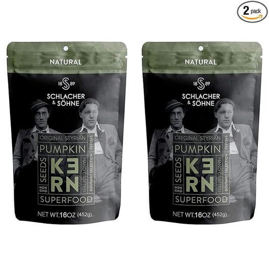 Schlacher & Söhne Styrian Pumpkin Seeds, 100% Pure & Natural, Premium Quality Pepitas, Healthy Snacks, Raw, Fresh Superfood, Unsalted, Full of Proteins, Made in Austria (1 Pound 2 pack, Natural Seeds)