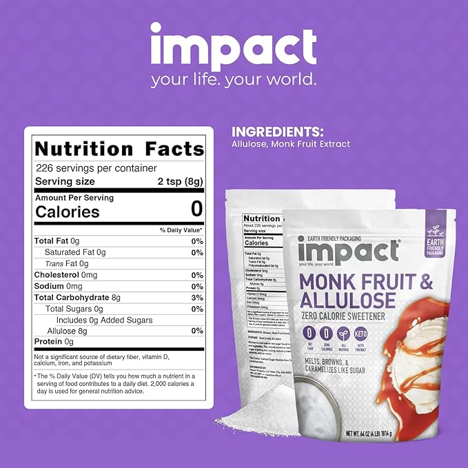 Impact - Monk Fruit Allulose Sweetener, Crystallized Blend Sugar Substitute - Zero Calorie Low-Carb Essential for Low-Carb Recipes - 4lb