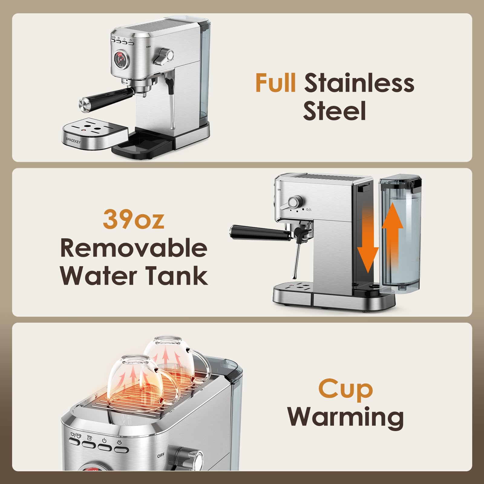Spacekey Espresso Machine with Milk Frother, 20 Bar Compact Expresso Coffee Machines for Home