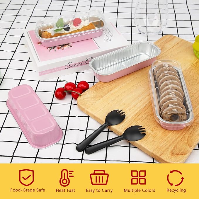 LNYZQUS Mini Loaf Pans With Lids 50 Pack, 6.8oz Rectangle Aluminum Foil Baking Pans Tins Containers,Disposable Ramekins Baking Cups Muffin Tins Cupcake Cups For Mini Cake Bread Loaf -Pink