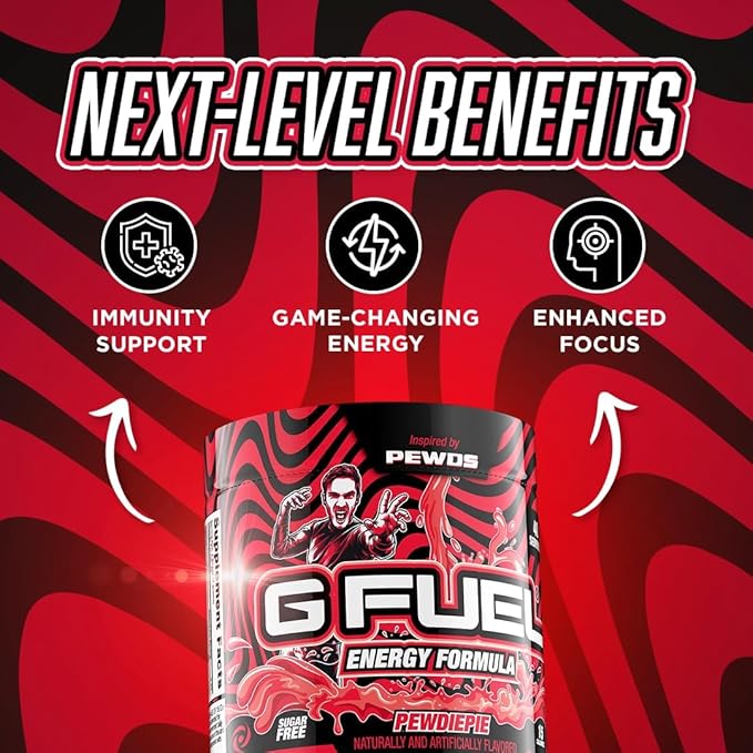 G Fuel PewDiePie Energy Drink Powder, Pre Workout Caffeine Mix for Gaming, Sugar Free Focus Amino, Vitamin + Antioxidants, 9.9oz (Lingonberry, 40 Servings)