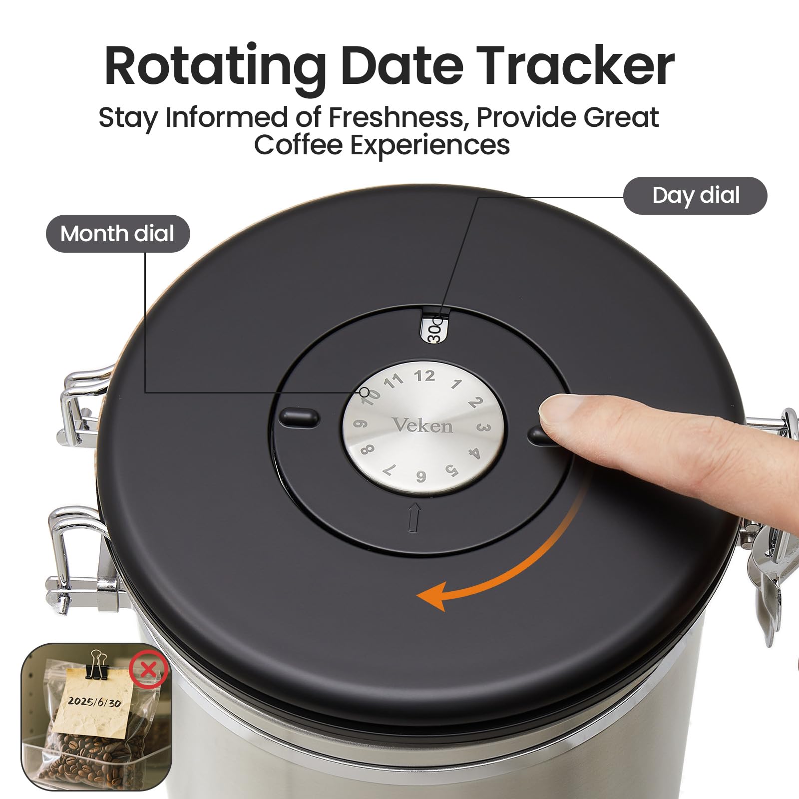 Veken Coffee Canister,39OZ, 2.2lbs,Large Airtight Stainless Steel Container
