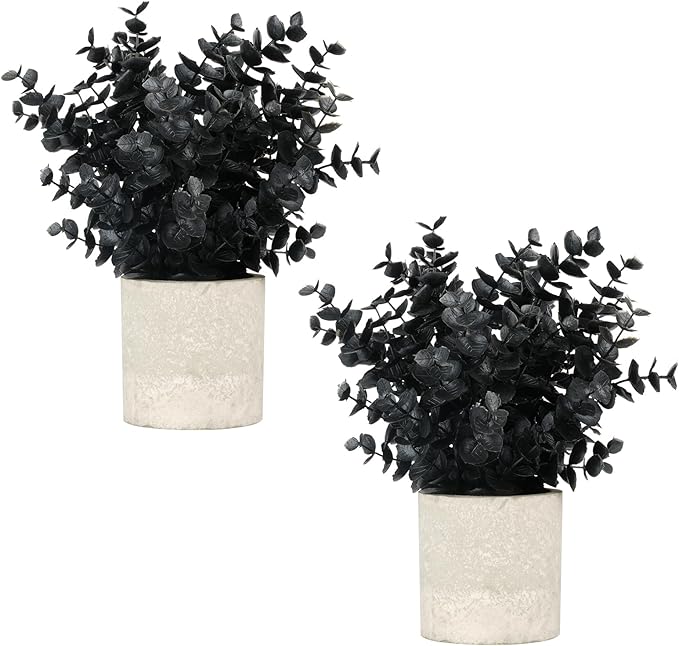 Velener 2 PCS Small Fake Eucalyptus Plant Artificial Potted Plants Indoor for Halloween Decorations Realistic Faux Plant for Office, Bathroom, Living Room, Desk, Shelf, Home Decor (Black)