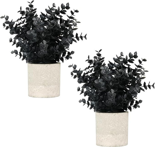 Velener 2 PCS Small Fake Eucalyptus Plant Artificial Potted Plants Indoor for Halloween Decorations Realistic Faux Plant for Office, Bathroom, Living Room, Desk, Shelf, Home Decor (Black)