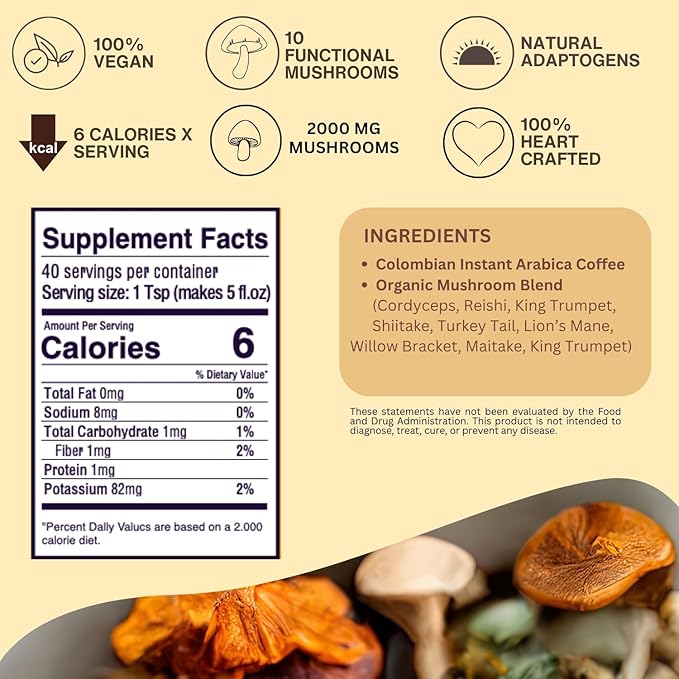 SAYUU 10 Mushroom Coffee Blend - Premium Colombian Coffee with Lion's Mane, Reishi, Cordyceps, Chaga, Maitake, Shiitake & Turkey Tail - Energy, Focus & Immune Support - Organic 40 Servings