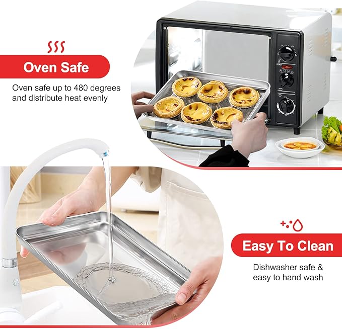 Cookie Sheets for Baking, Stainless Steel Baking Sheet Baking Pan Tray - 12.4 x 10 x 1 Inch, Non Toxic & Healthy, Mirror Finish & Easy Clean, Dishwasher Safe & Heavy Duty