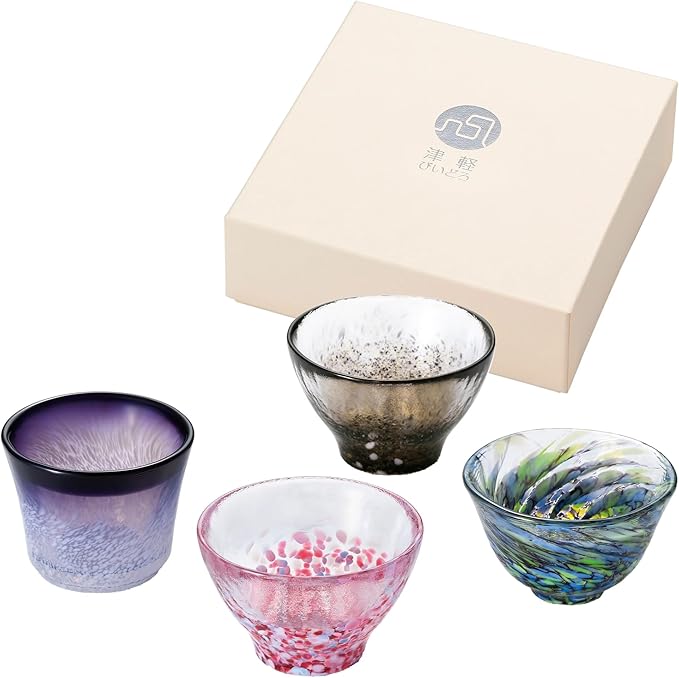 Japanese sake glass set Handcrafted Mini Glass Set Elegant Japanese Sake Cups Perfect for Any Occasion Made in Japan (Four Fish-Inspired Colors (4 pcs), Sake Glass (2.37-2.87 fl oz))