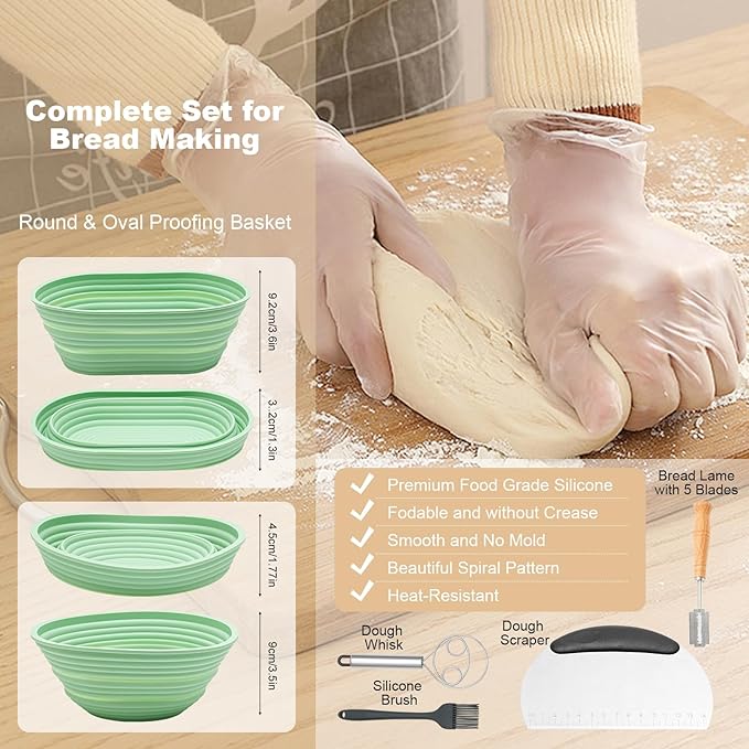 Sourdough Bread Baking Supplies, Silicone Banneton Bread Proofing Basket Set of 2, 9 Inch Round & 10 Inch Oval Foldable Sourdough Proofing Basket, Sourdough Starter Kit, Bread Making Tools (Green)