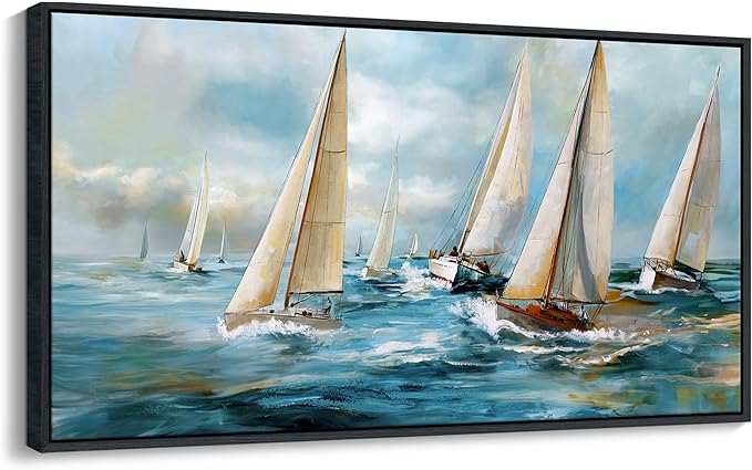 YDYSUNE Sailboat Wall Art - Blue Canvas Abstract Painting Textured Picture Artwork Vintage Nautical Large Painting Coastal Modern Print Frame for Living Room Bedroom Home 29x58inch