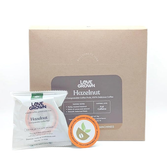 Love Grown Compostable Coffee Pods - Compatible with Single-Serve Brewing Machines - 100% Arabica Beans, Plastic-Free, Gluten-Free, Non-GMO -Hazelnut, Box of 15