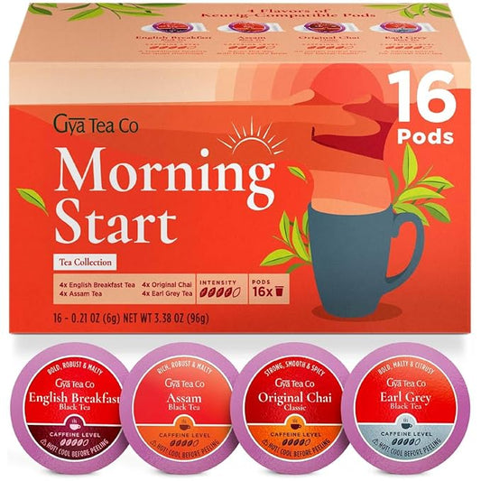 Gya Tea Co Morning Start Tea Gift Set (16 ct) - Assorted Tea Pod Variety Pack with English Breakfast, Assam, Original Chai & Earl Grey 4 Flavors for Refresh & Energy