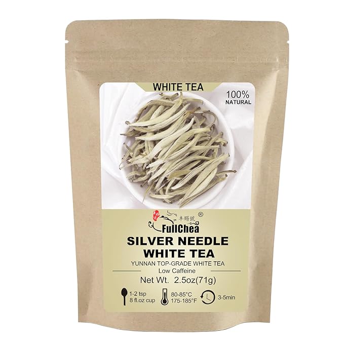 FullChea - White Tea Loose Leaf - Yunnan Silver Needle White Tea - Low Caffeine - Bai Hao Yin Zhen - Refreshing Woody Aroma - 2.5oz/71g