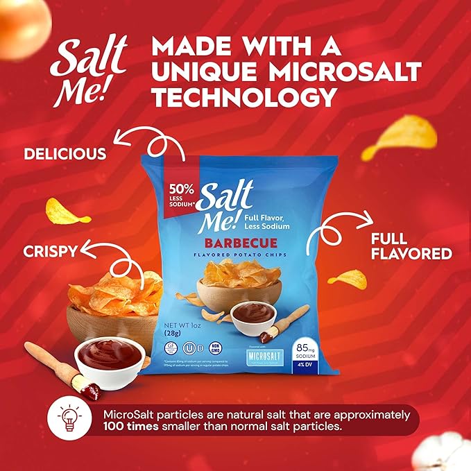 SaltMe! BBQ Potato Chips - 24 count 1oz Bags - 50% Less Sodium, Kosher, Non-GMO, Gluten Free - Less Salt, Great Flavor