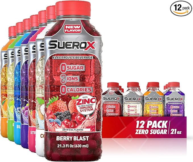 SueroX Zero Sugar Electrolyte Drink for Hydration and Recovery, Unique Blend of Electrolytes & 8 Ions, Zero Calorie Sports Drink, 21.3 Fl Oz, Ultimate Pack, 12 Count