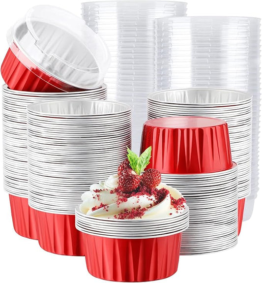 EUSOAR Mini Cake Pans with Lids, 200pcs 5oz Disposable Foil Cups with Lids for Creme Brulee Flan Cheesecake Dessert, Mini Aluminum Baking Mold Container for Wedding Party Single Serving Holiday