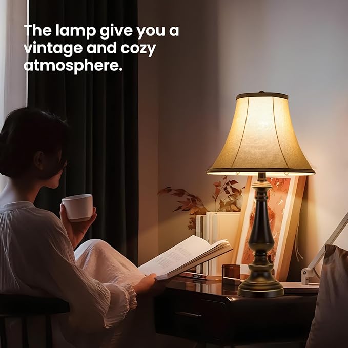 3-Piece Lamp Set (Table & Floor), Black Finish Vintage Brown Fabric Shades for Bedroom